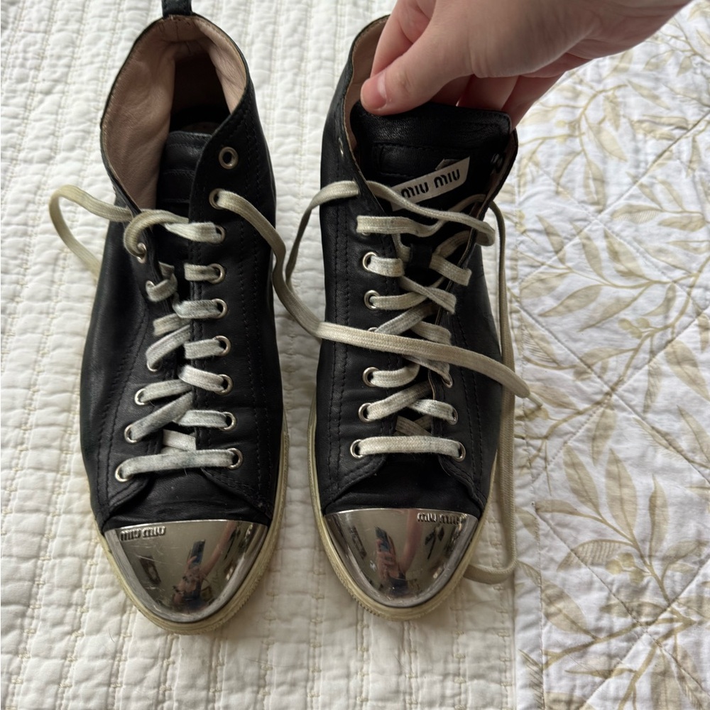 Miu Miu Black Leather Sneakers with Silver Toe Cap